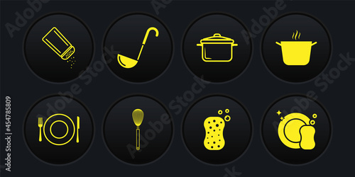 Set Plate, fork and knife, Cooking pot, Kitchen whisk, Sponge with bubbles, ladle, Washing dishes and Salt pepper icon. Vector
