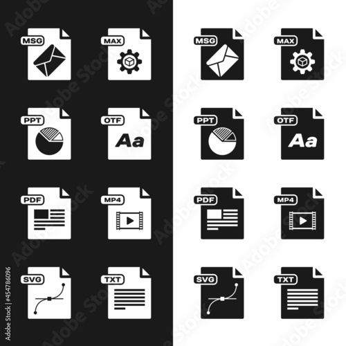 Set OTF file document, PPT, MSG, MAX, PDF, MP4, TXT and SVG icon. Vector