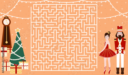 Christmas activity for children book, labyrinth with nutcracker and ballerina, xmas eve and presents, printable colourful worksheet with maze for kids