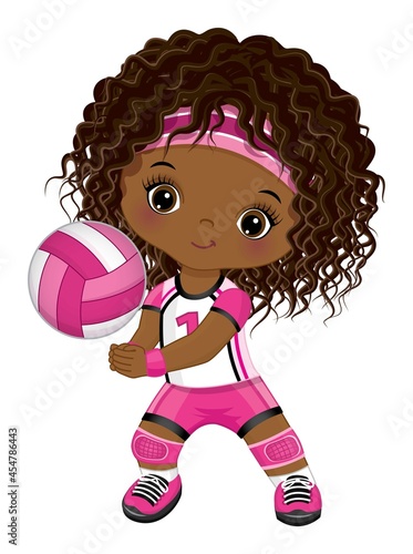 Cute Little African American Girl Playing Volleyball. Vector Little Black Volleyball Player