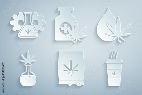 Set Marijuana or cannabis seeds, leaf oil, Test tube with marijuana, Cup coffee, Medical bottle and icon. Vector