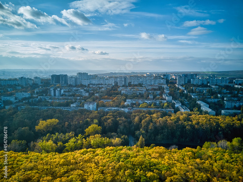 Aerial view of the city at sunset. Beautiful autumn city landscape. Kishinev, Moldova republic of.