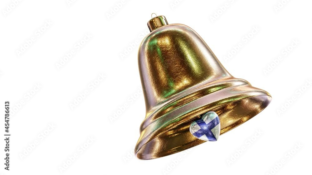 Realistic looping 3D animation of the fancy golden textured Christmas bell with Finland national flag bell clapper rendered in UHD with alpha matte Realistic looping 3D animation of the fancy golden textured Christmas bell with Finland national flag bell clapper rendered in UHD with alpha matte