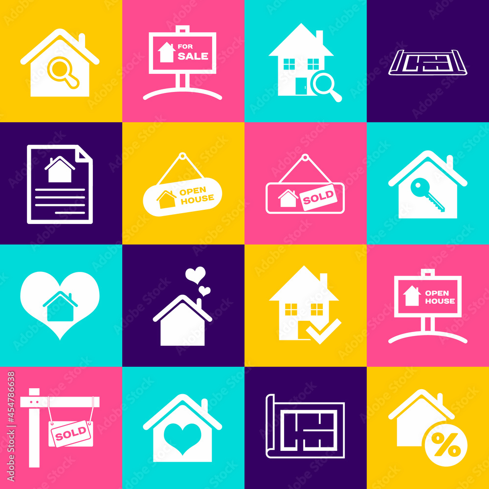Set House with percant, Hanging sign Open house, key, Search, contract, and Sold icon. Vector Set House with percant, Hanging sign Open house, key, Search, contract, and Sold icon. Vector