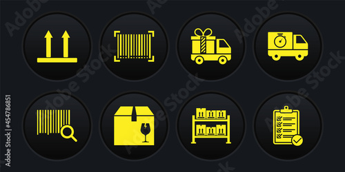 Set Search barcode, Delivery truck and stopwatch, box with fragile content, Warehouse, gift, Barcode, Verification of delivery list and This side up icon. Vector