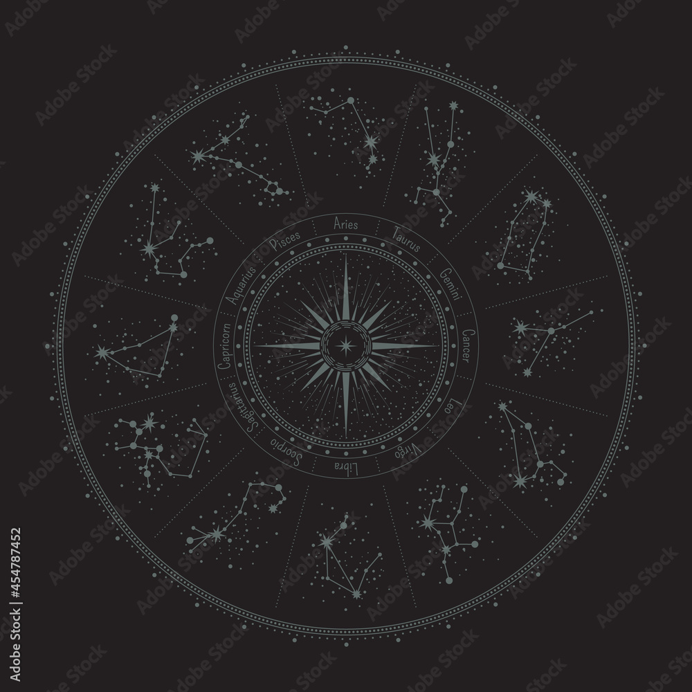Vector mystical zodiac circle with constellations and stars, surrounded ornate frame. Set of twelve star systems with titles. Retro illustration with a magical sign on a black background