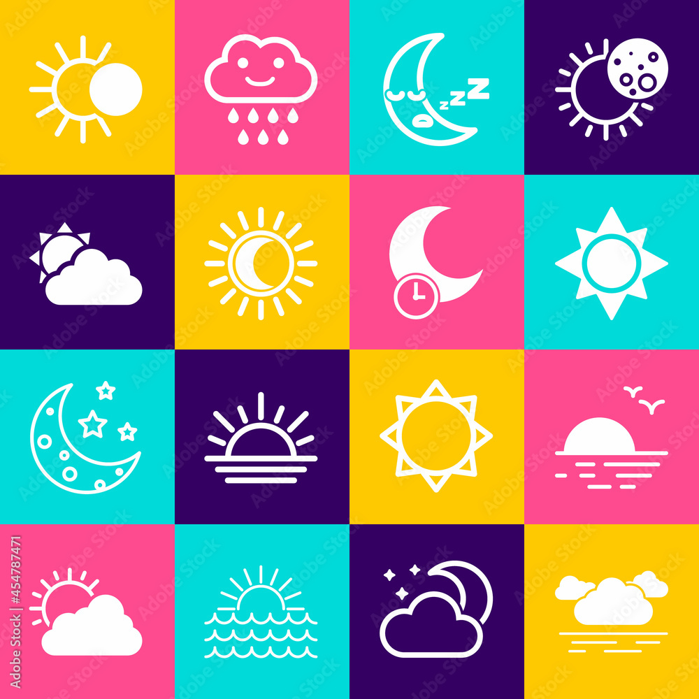 Set Cloud, Sunset, Moon icon, Eclipse of the sun, and cloud weather, and Sleeping moon icon. Vector Set Cloud, Sunset, Moon icon, Eclipse of the sun, and cloud weather, and Sleeping moon icon. Vector