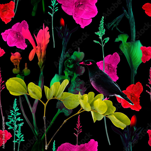 Seamless tropical flower with bird, plant and leaf pattern background, botanical style. Stylish flowers