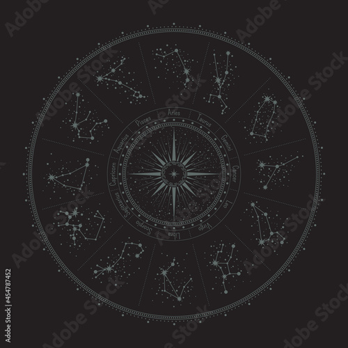 Vector mystical zodiac circle with constellations and stars, surrounded ornate frame. Set of twelve star systems with titles. Retro illustration with a magical sign on a black background