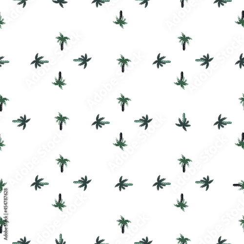 Isolated seamless pattern in geometric style with navy blue palm tree ornament. White background.