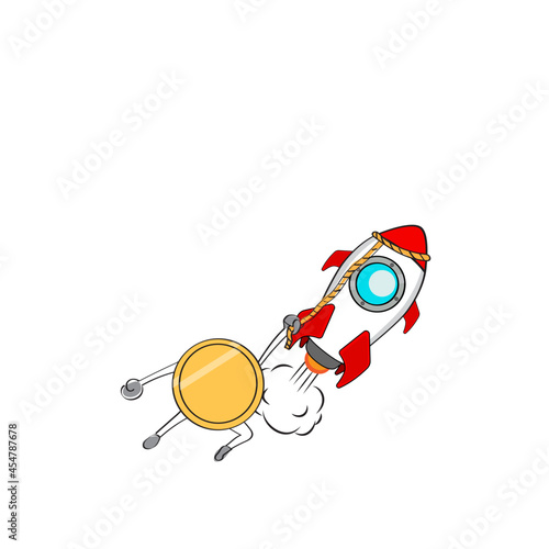 Bitcoin at new heights - coin on top in graph background. Cryptocurrency investing concept. To the moon
