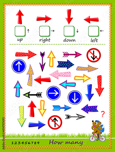 Mathematical education for kids. Count the quantity of arrows pointing in each direction and write the numbers. Developing children counting skills. Logic puzzle game for school textbook. Play online.