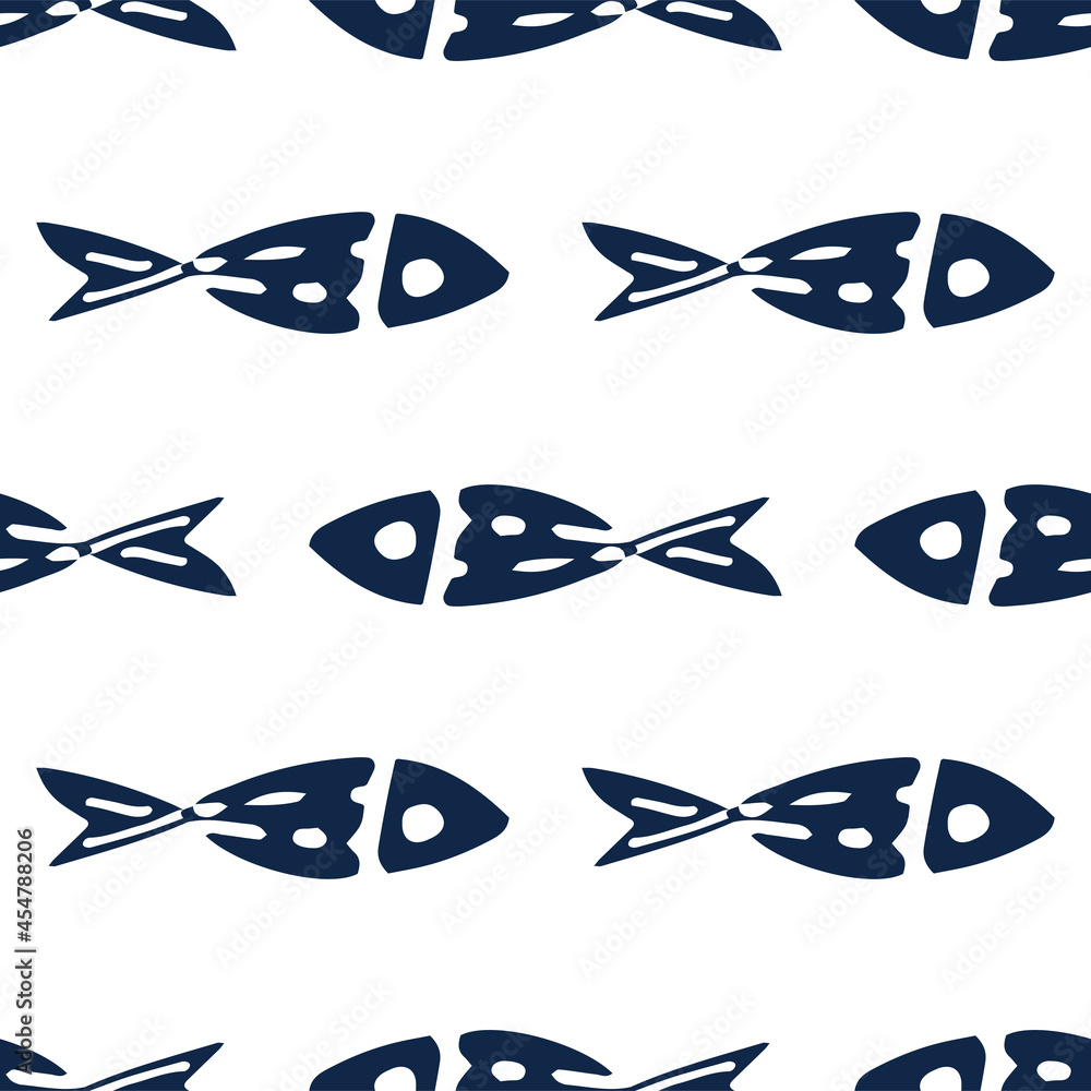 A pattern of stylized fish of dark blue color. Seamless pattern of sea fish drawn in cartoon style with patterns of dots and lines without a contour on a white background for a vector design template