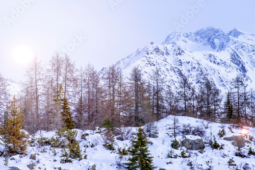 Winter mountain landscape in Alps with aerial panoramic view with beautiful snow covered forest hills.