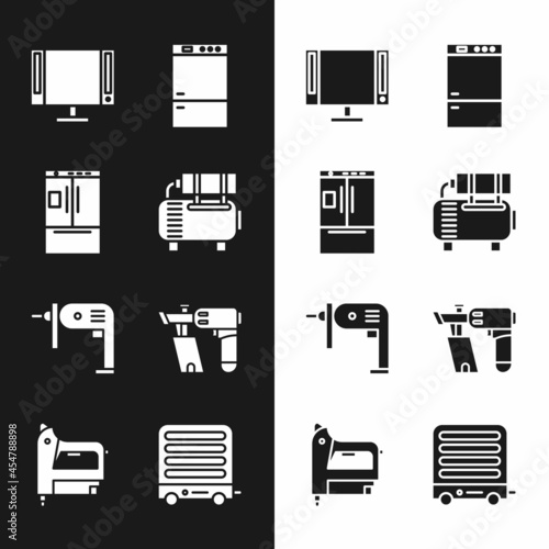 Set Air compressor, Refrigerator, Smart Tv, Electric drill machine and Nail gun icon. Vector
