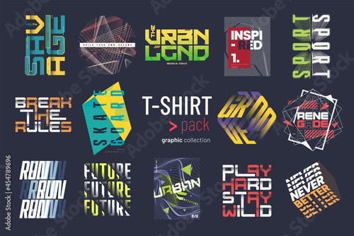 Collection of fourteen colorful vector t-shirt graphic designs, prints, illustrations