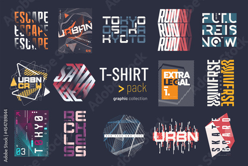 Collection of fourteen colorful vector t-shirt graphic designs, prints, illustrations