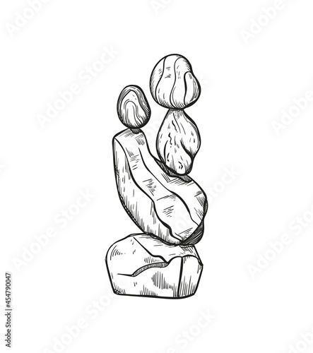 Rock Balancing vector illustration. Stone Stacking Art, sketch style print. Cairn stones. Balancing and stack rocks emblem.