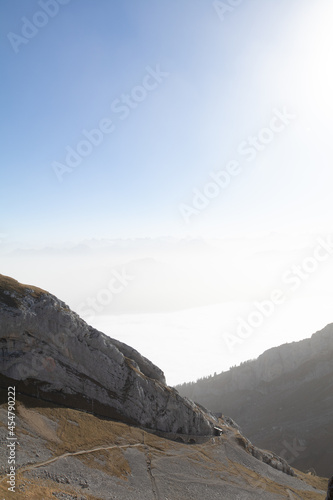 Amazing view at one of the most impressive peak in Switzerland called Mount Pilatus. Wonderful landscape near of the city Lucerne and epic cliffs in this beautiful nature.