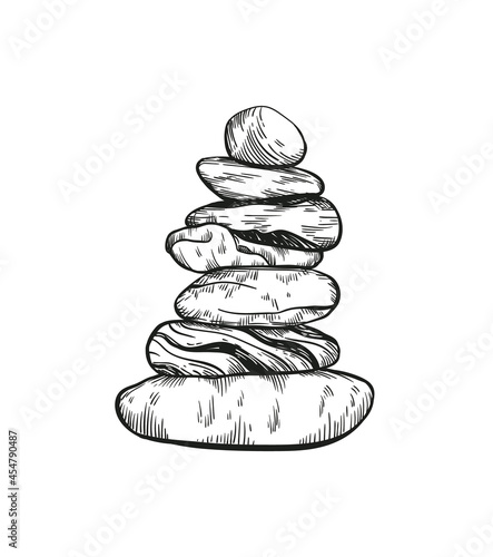 Stones pebbles balancing vector illustration. Stone Stacking Art, sketch style print. Cairn stones. Balancing and stack rocks emblem. 