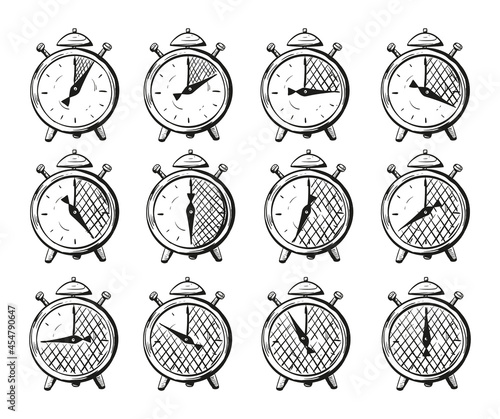 Vector illustration of a timer set from 5 minutes to an hour, icons in a sketch doodle style to indicate cooking times and other actions that require waiting.