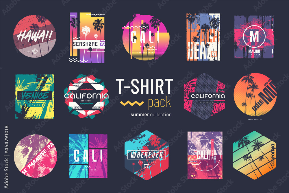 Collection of fourteen colorful vector t-shirt summer designs, prints, illustrations - obrazy, fototapety, plakaty 