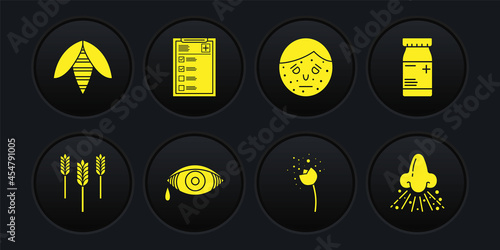 Set Wheat, Medicine bottle and pills, Reddish eye allergic conjunctivitis, Flower producing pollen, Face with psoriasis or eczema, Clinical record, Runny nose and Bee icon. Vector