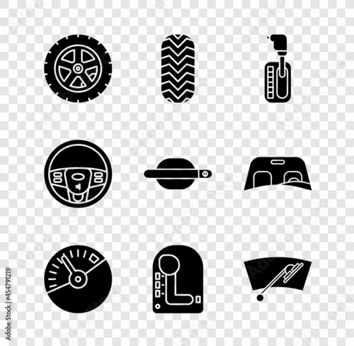 Set Car wheel, tire, Gear shifter, Speedometer, Windscreen wiper, Steering and door handle icon. Vector
