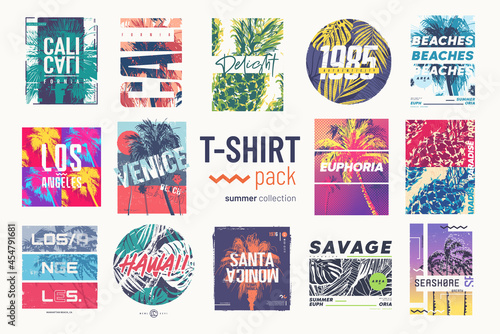 Collection of fourteen colorful vector t-shirt summer designs, prints, illustrations