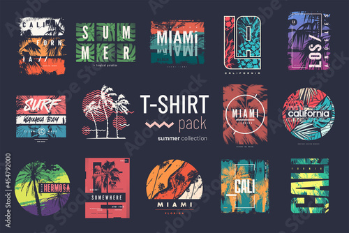 Collection of fourteen colorful vector t-shirt summer designs, prints, illustrations
