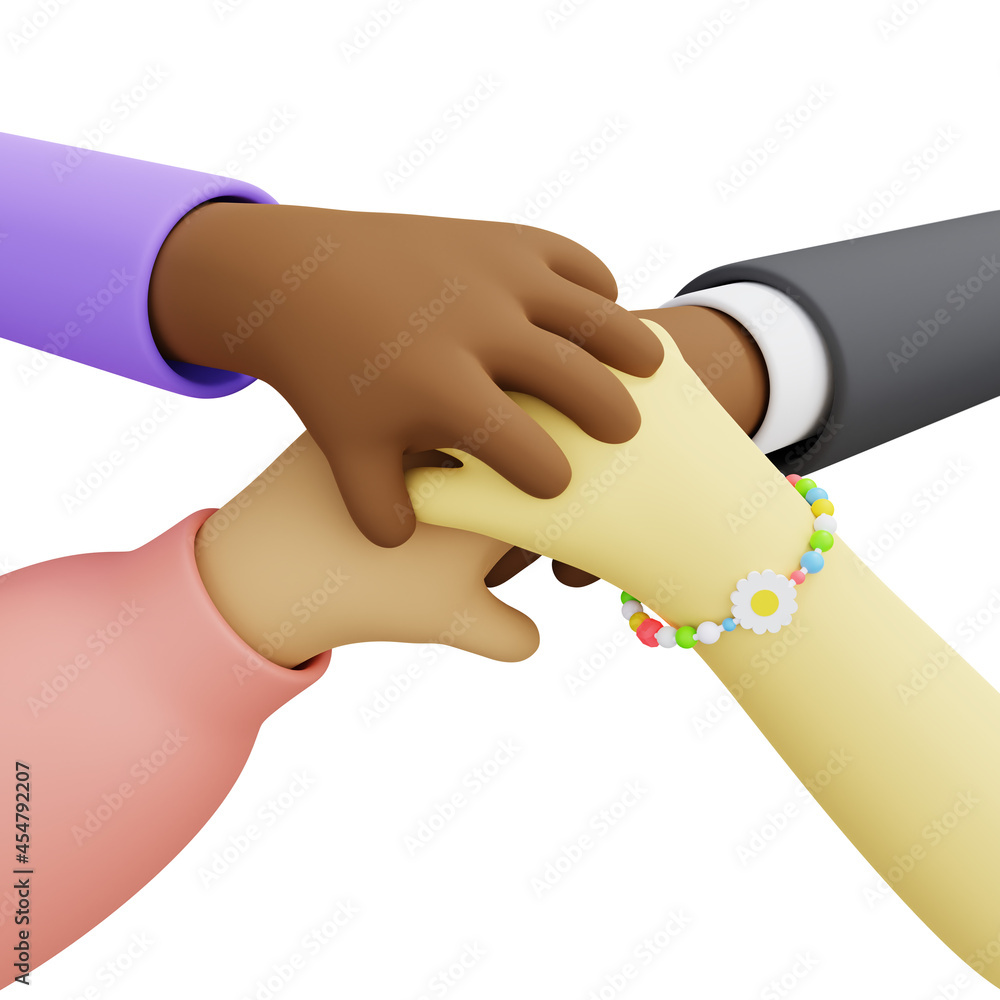 Stack of mixed race hands. Unity and teamwork concept. 3D rendered  illustration in cartoon style. Stock Illustration | Adobe Stock