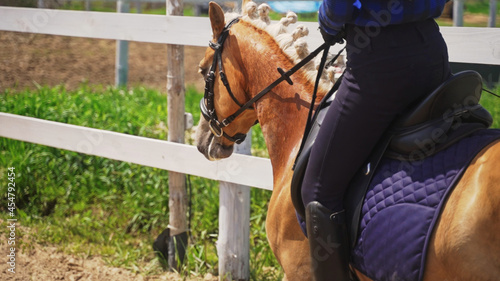a jockey sits on the saddle of a light brown horse right next to a wooden fence. High-quality photo