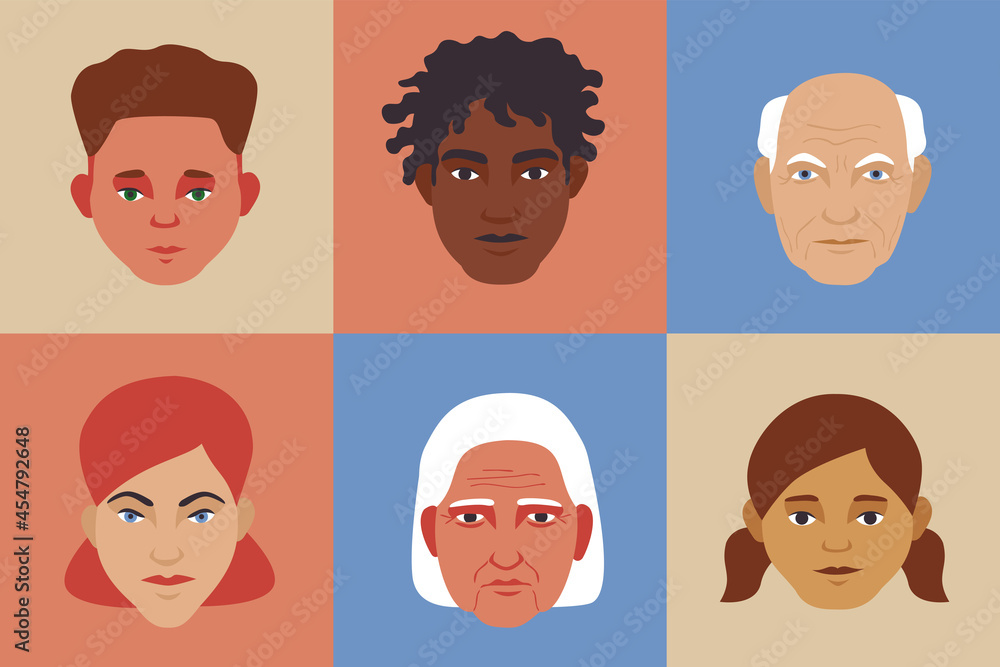 Set of diverse people face avatars on color square background. Different ethnic and age groups simple flat style Set of diverse people face avatars on color square background. Different ethnic and age groups simple flat style
