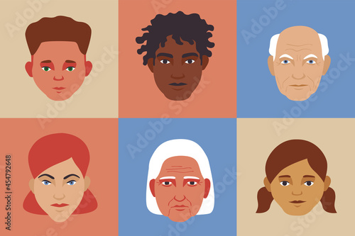 Set of diverse people face avatars on color square background. Different ethnic and age groups simple flat style © Lopolitt