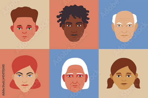 Set of diverse people face avatars on color square background. Different ethnic and age groups simple flat style