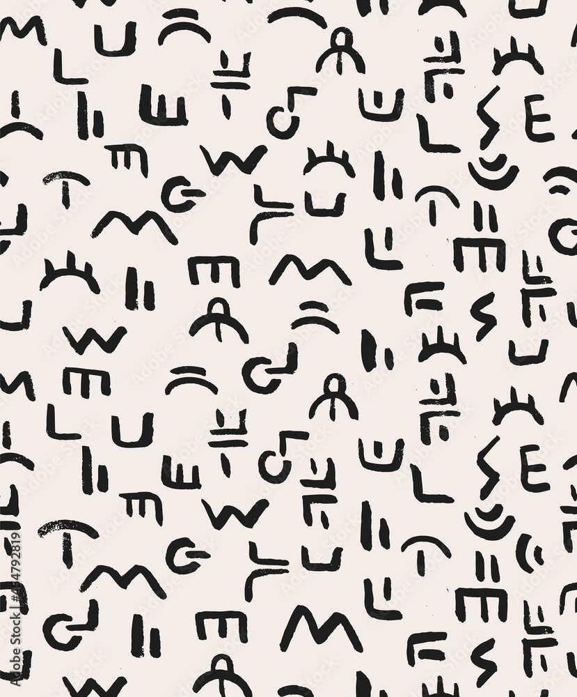 Mysterious Alphabet Ethnic Hand Drawn Vector Seamless Pattern. Black&White Design for Fabric, Wrapping Paper, Gift Cards etc.