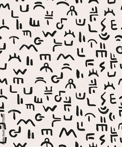 Mysterious Alphabet Ethnic Hand Drawn Vector Seamless Pattern. Black White Design for Fabric  Wrapping Paper  Gift Cards etc.