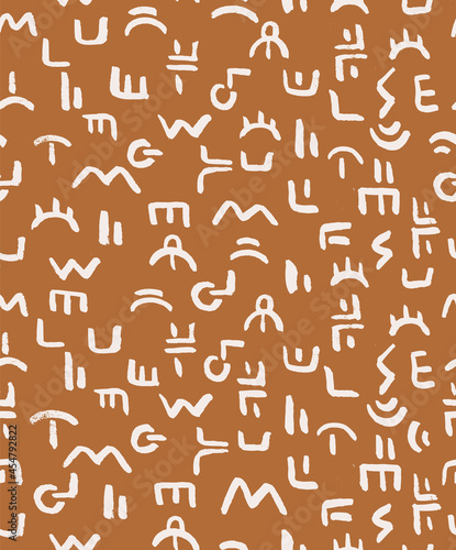 Mysterious Alphabet Ethnic Hand Drawn Vector Seamless Pattern. Desert Neutral Color Design for Fabric, Wrapping Paper, Gift Cards etc.