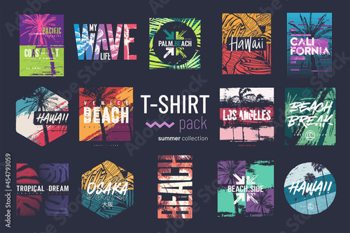 Collection of fourteen colorful vector t-shirt summer designs, prints, illustrations