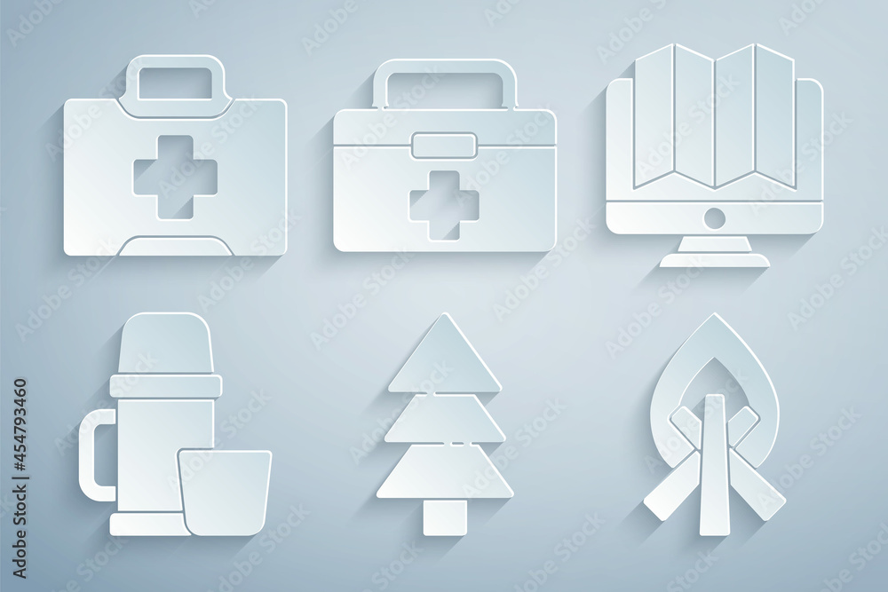 Set Tree, Location of the forest in monitor, Thermos container and cup, Campfire, First aid kit and icon. Vector Set Tree, Location of the forest in monitor, Thermos container and cup, Campfire, First aid kit and icon. Vector