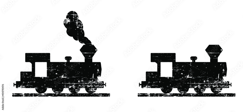 Cartoon old train station. steam train Locomotive with smoke or clouds. Flat vector railway pictogram. Old fashioned icon. Railway station sign. Vintage rusty metal signs.