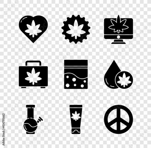 Set Marijuana leaf in heart, or cannabis, Monitor and marijuana, Glass bong for smoking, Medical cream with, Peace, Shopping box of and Plastic bag icon. Vector