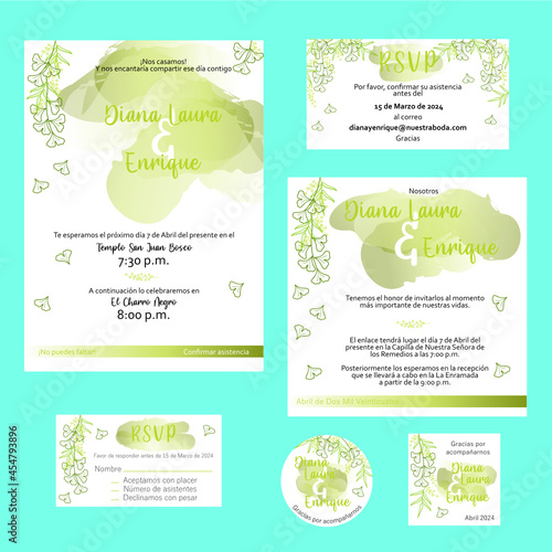 Set of floral Wedding invitations, cards and stickers © Alicia