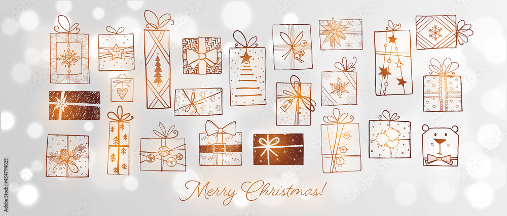 Collection of doodle christmas gift boxes on white glowing background.