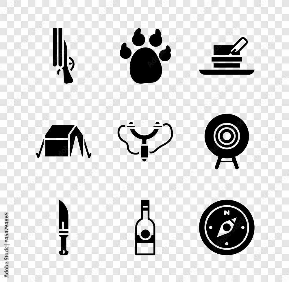 Set Shotgun, Paw print, Hunter hat with feather, knife, Bottle of vodka, Compass, Tourist tent and Slingshot icon. Vector Set Shotgun, Paw print, Hunter hat with feather, knife, Bottle of vodka, Compass, Tourist tent and Slingshot icon. Vector