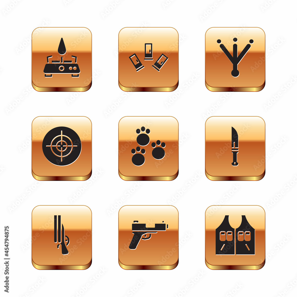 Set Camping gas stove, Shotgun, Pistol or, Paw print, Target sport, Bird footprint, Hunting jacket and Cartridges icon. Vector Set Camping gas stove, Shotgun, Pistol or, Paw print, Target sport, Bird footprint, Hunting jacket and Cartridges icon. Vector