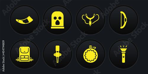 Set Hiking backpack, Bow, Torch flame, Canteen water bottle, Slingshot, Balaclava, Flashlight and Hunting horn icon. Vector