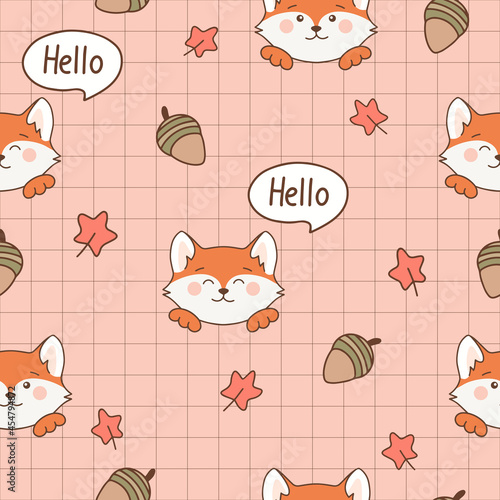 cute fox pattern, fox seamless pattern, fox face pattern, fox, cute foxy animal, animal face, hello, animal, purr, leaf, oak leaf, acorn, random, kawaii, seamless, pattern, background, backdrop, flat,