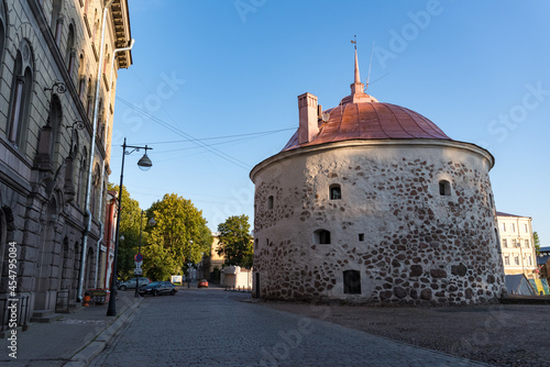 Middle ages Round tower on Market square in historical town centre. Vyborg, Russia