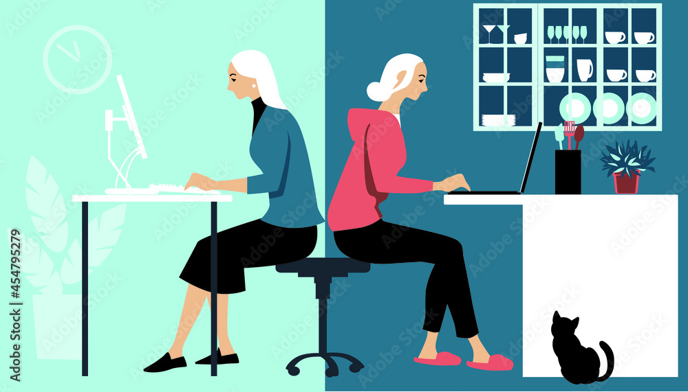 Woman in hybrid work place sharing her time between an office and working from home remotely, EPS 8 vector illustration - obrazy, fototapety, plakaty 
